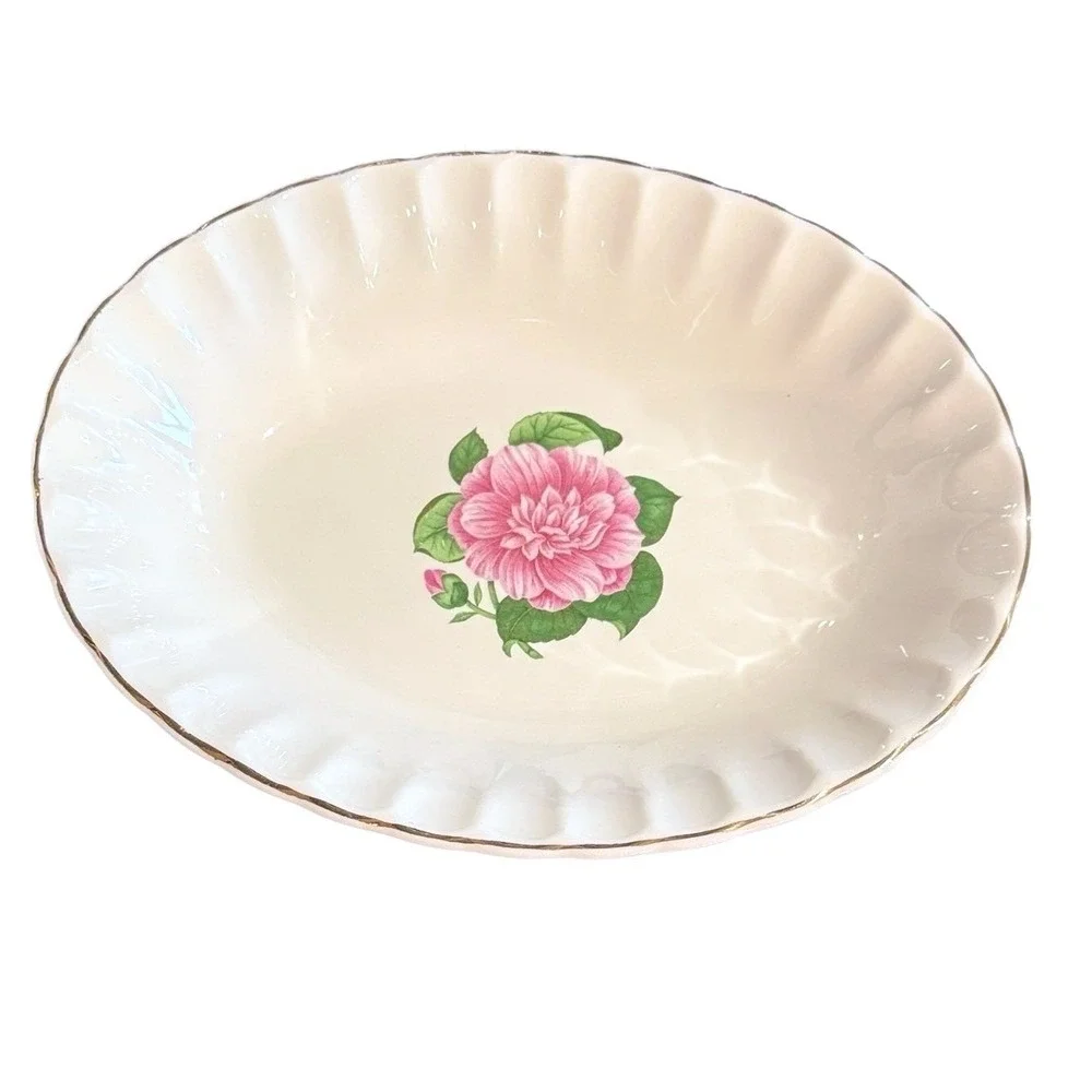 WS‎ George Vintage Oval Serving Bowl Pink Floral Camellia Scallop Gold Trim 9.5